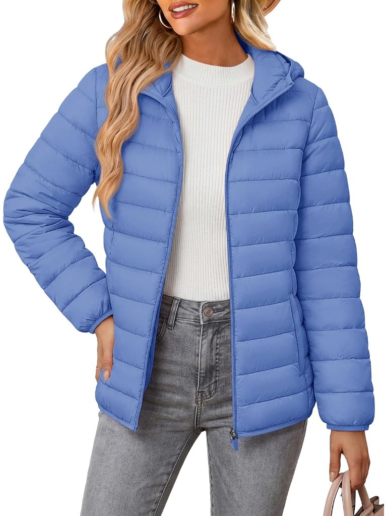 Women's Hooded Puffer Jacket Lightweight Quilted Padded Coat 4 Pockets Zip-Up Wi